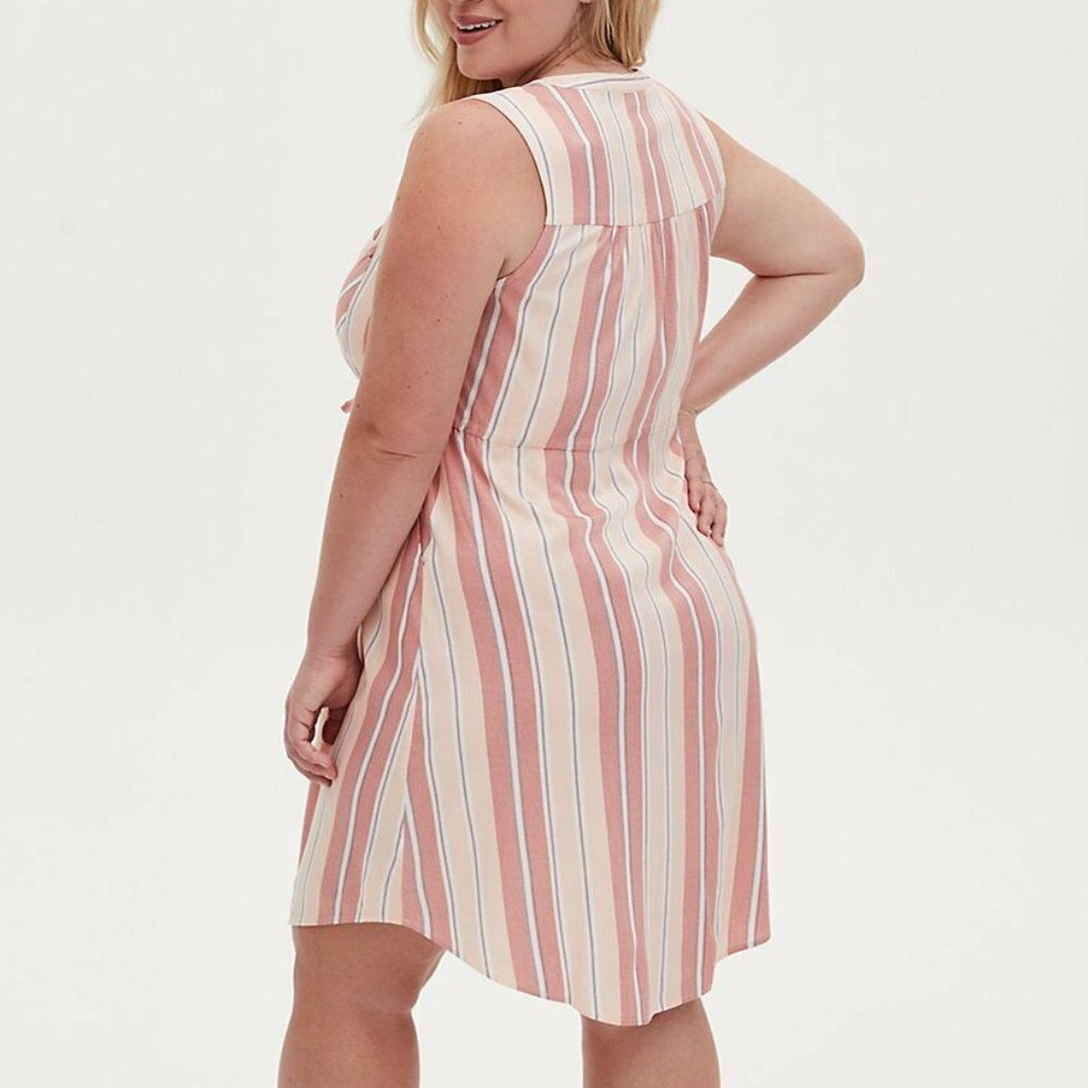 New Torrid Red & Ivory Stripe Challis Zip Front Drawstring Shirt Dress - Picture 2 of 5